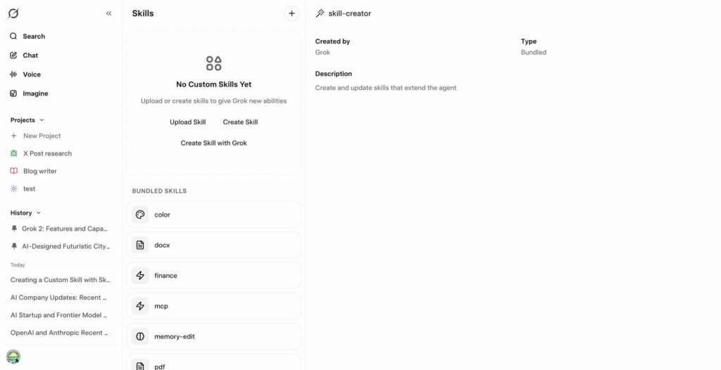 Interface de Skills do Grok mostrando integração com IA multimodal
