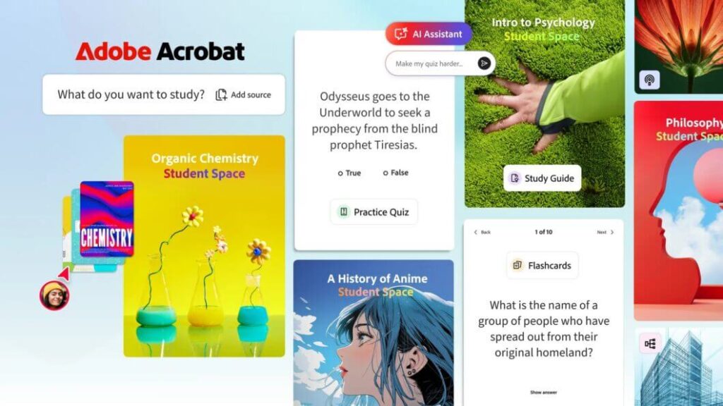 Adobe lança Acrobat Student Spaces para competir com o Google NotebookLM 2 Interface do Adobe Acrobat Student Spaces com opções de IA para estudantes