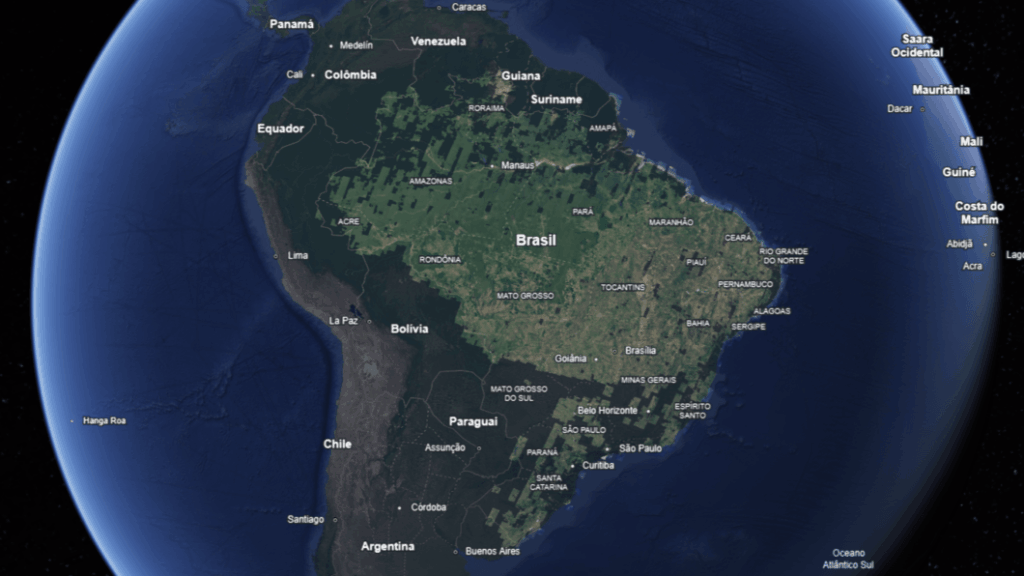 Google libera imagens mais nítidas do Brasil para monitoramento florestal 3 Captura de tela do Google Earth com camadas atualizadas do Brasil