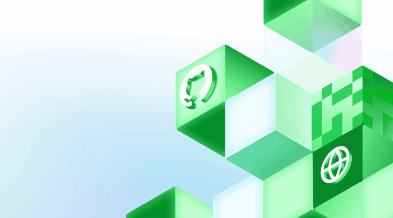 Geometric blocks featuring the GitHub invertocat logo and a web icon in a decorative background.