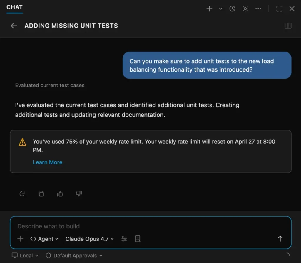 GitHub pausa novas assinaturas do Copilot devido a custos com IA 4 Captura de tela do aviso de limite semanal no GitHub Copilot