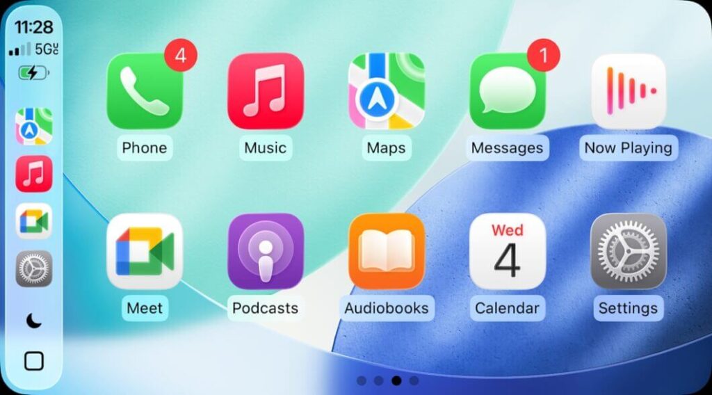 Interface do Google Meet no Apple CarPlay, mostrando reuniões agendadas