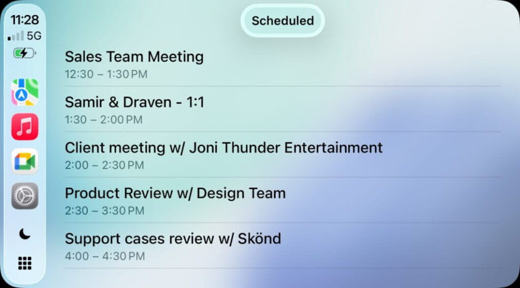 Google Meet no CarPlay: reuniões com segurança no trânsito 3 Agenda de reuniões do Google Meet exibida no CarPlay