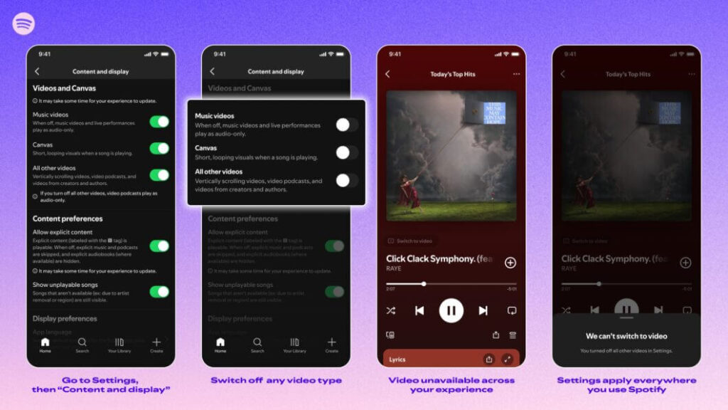 Menu de Configurações do Spotify com a seção Conteúdo e Tela