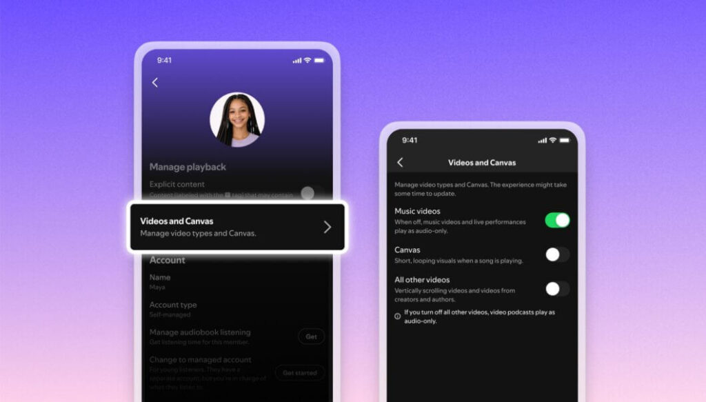 Aplicativo do Spotify com opção para desativar vídeos e Canvas