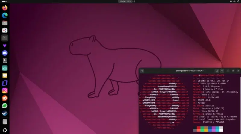 Ilustração do Ubuntu Linux com emojis e logotipo do Tecnoblog