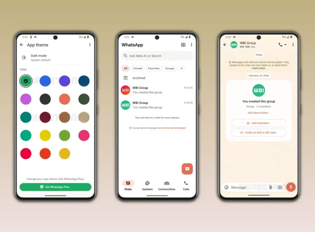 WhatsApp Plus começa a ser testado com assinatura paga 4 Três smartphones exibindo interface do WhatsApp Plus com novos temas coloridos.