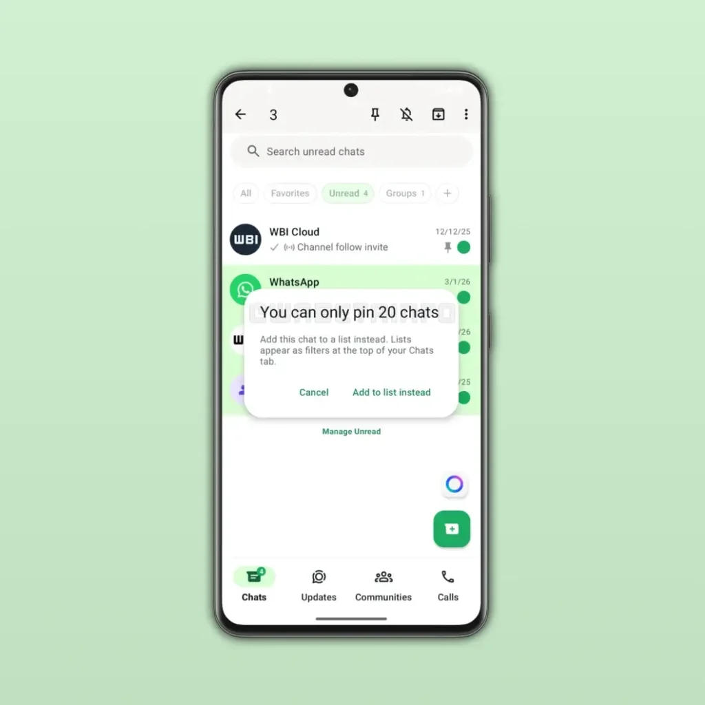 WhatsApp Plus começa a ser testado com assinatura paga 5 Captura de tela mostrando o recurso de fixar até 20 conversas no WhatsApp Plus.