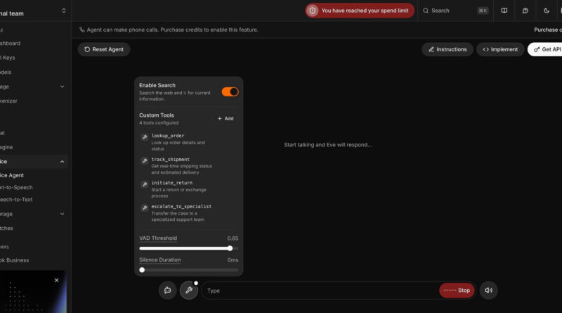 Interface do xAI Grok Voice Think Fast 1.0 apresentando ambiente de desenvolvedor