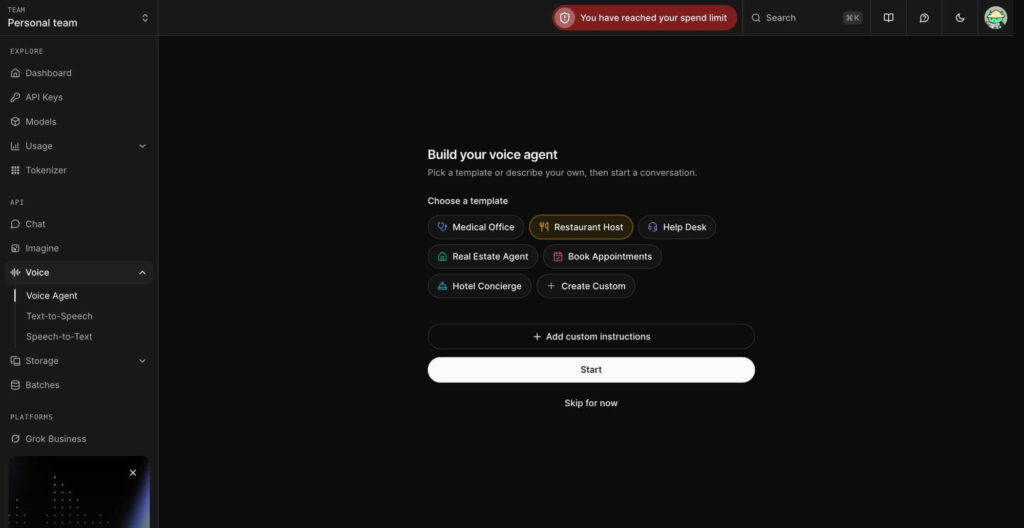 xAI AI Console mostrando configuração de API do Grok com a Grok Voice Think Fast 1.0