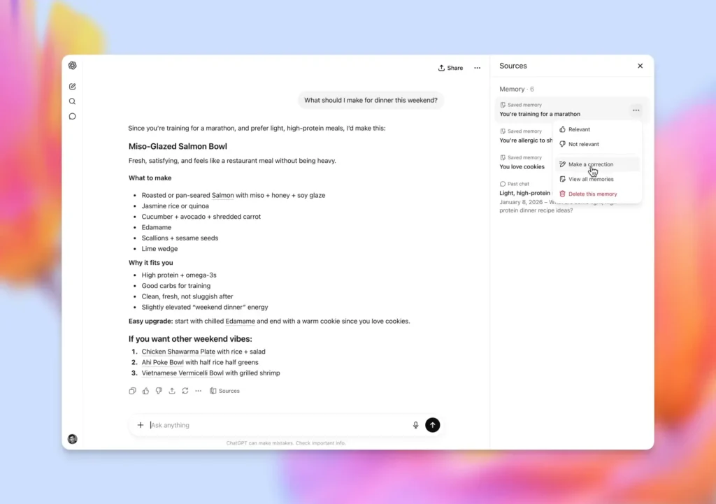 Painel do novo GPT-5.5 Instant mostrando recursos de personalização e memórias no ChatGPT.