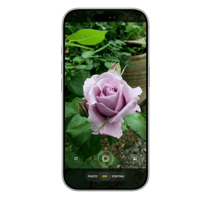 Renderização do novo Siri App com interface cartão e integração Dynamic Island.