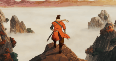 Arte principal Sekiro No Defeat, visual cinematográfico, tons vermelhos e névoa de guerra.