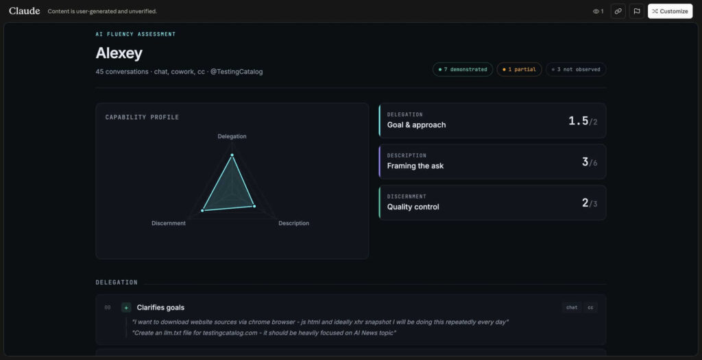 Exemplo visual do scorecard de fluência em IA