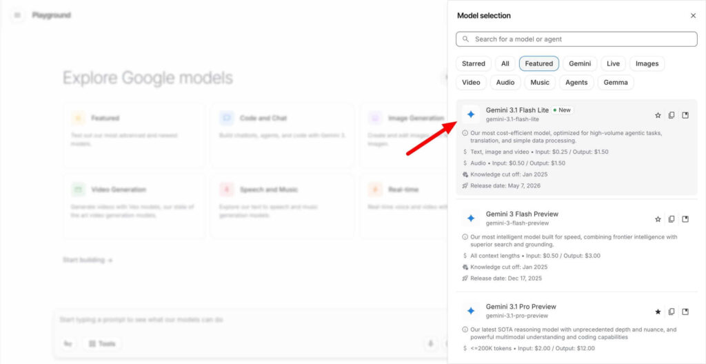 Painel de controle do Google AI Studio com integração direta ao Gemini 3.1 Flash-Lite.