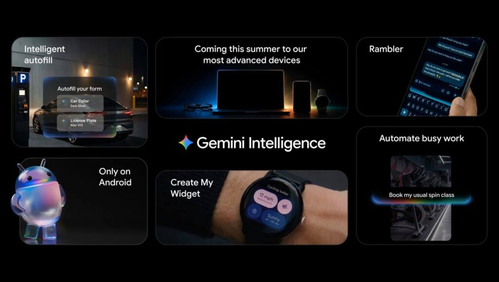 Interface do Gemini Intelligence em dispositivos Android mostrando automação proativa
