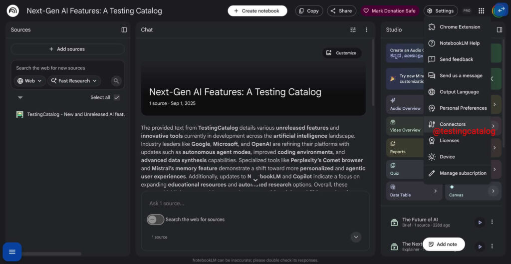 NotebookLM ganhará 3 recursos que podem mudar a plataforma 6 Recurso Connectors encontrado no NotebookLM