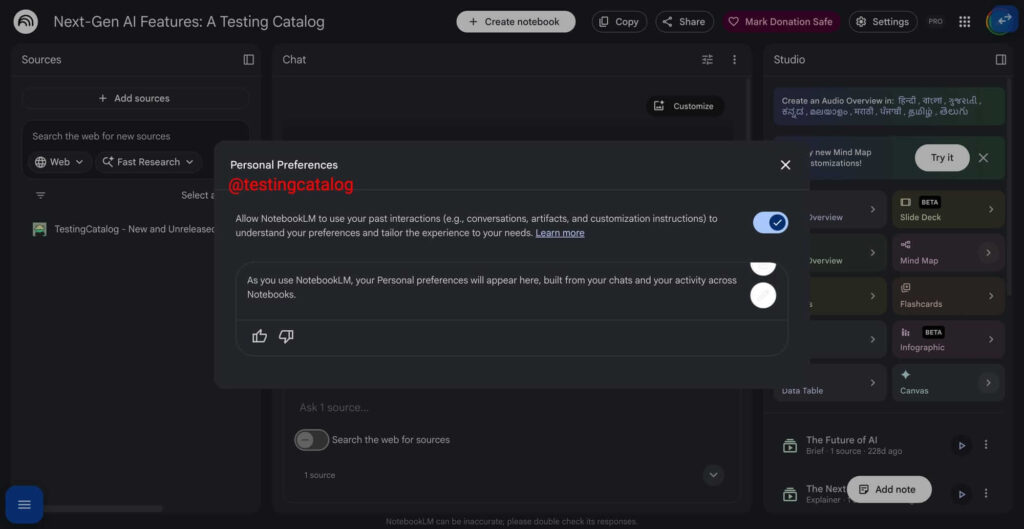 NotebookLM ganhará 3 recursos que podem mudar a plataforma 5 Tela do recurso Personal Preferences do NotebookLM