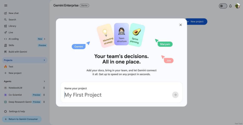 Google expande Gemini for Business com projetos colaborativos 4 Interface de projetos compartilháveis do Gemini