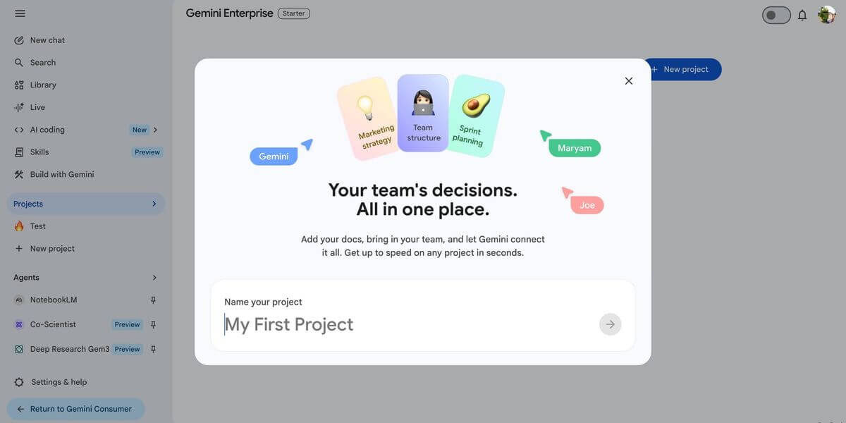 Interface de projetos compartilháveis do Gemini