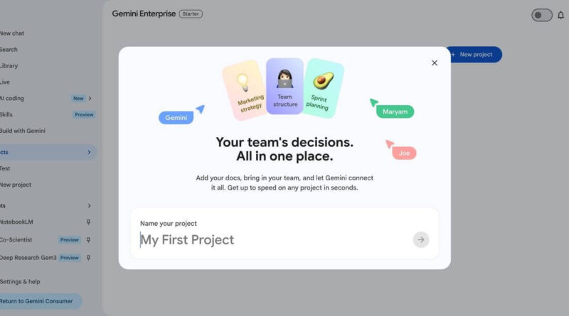 Interface de projetos compartilháveis do Gemini