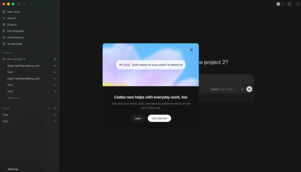 Interface do novo OpenAI Codex com menus de integração e design reformulado