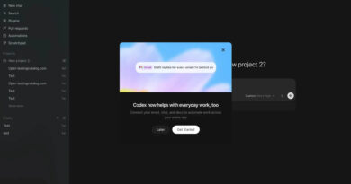 Interface do novo OpenAI Codex com menus de integração e design reformulado