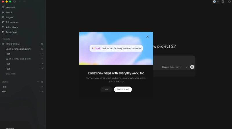 Interface do novo OpenAI Codex com menus de integração e design reformulado