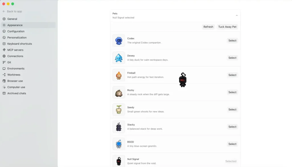 Exemplo de pet Minty criado no OpenAI Codex