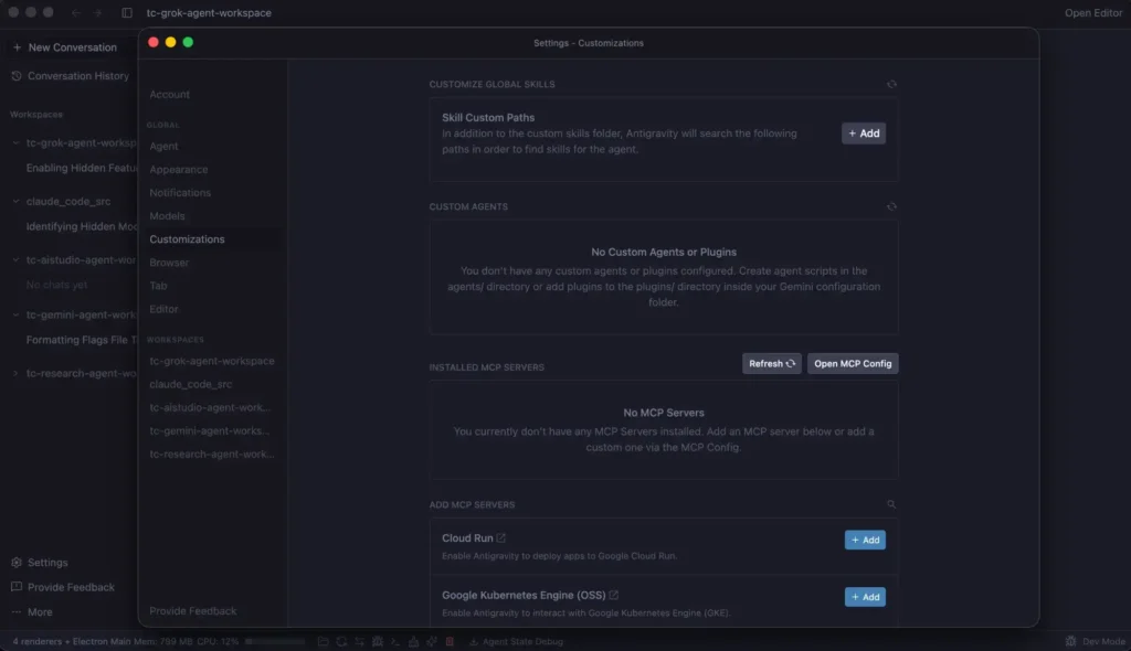 Configuração de agentes personalizados e plugins no Antigravity IDE