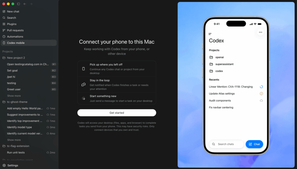 Codex no ChatGPT mobile em iOS e Android com visualização em tempo real