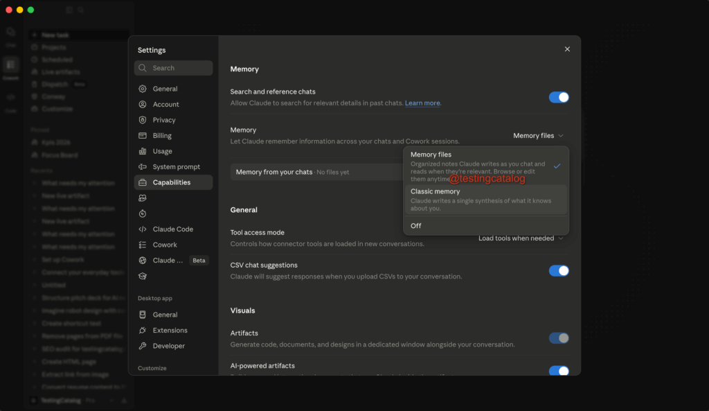 Interface do Anthropic Claude com novo sistema de memória Memory Files