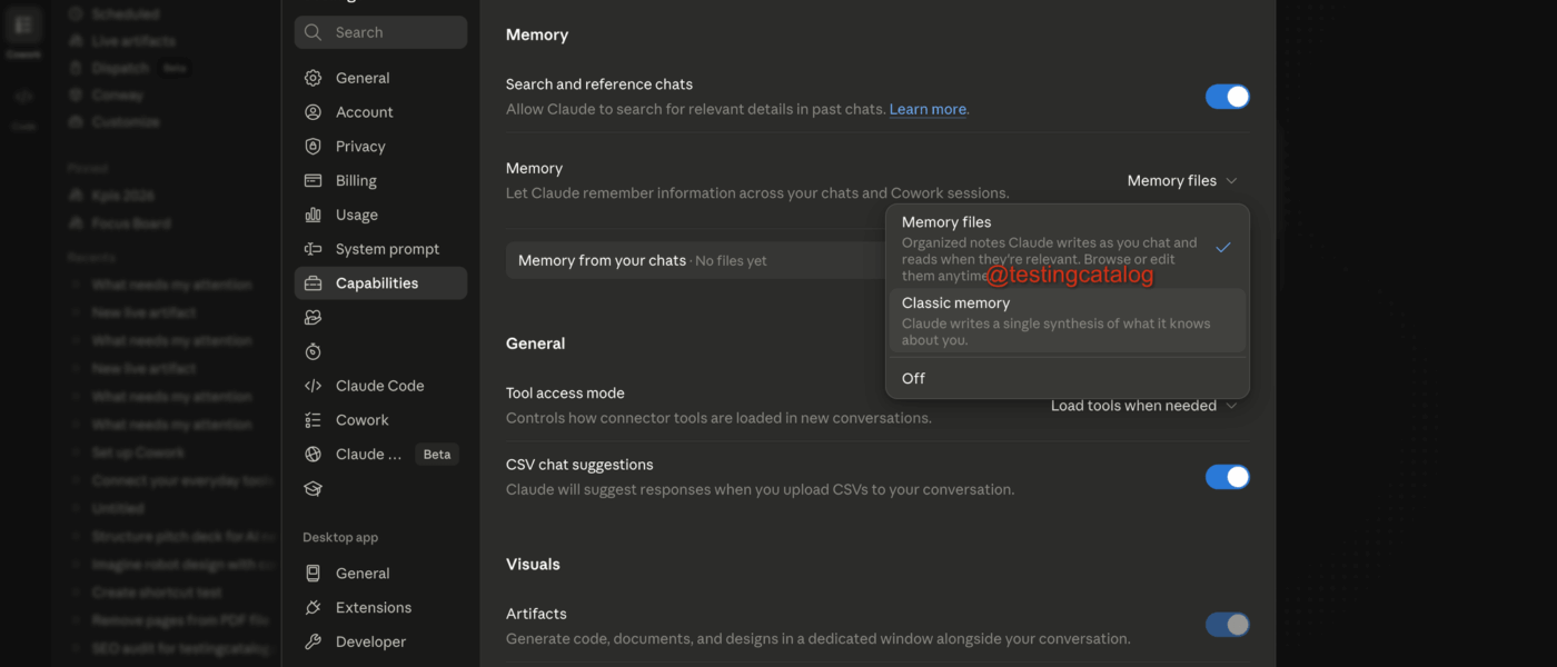 Interface do Anthropic Claude com novo sistema de memória Memory Files