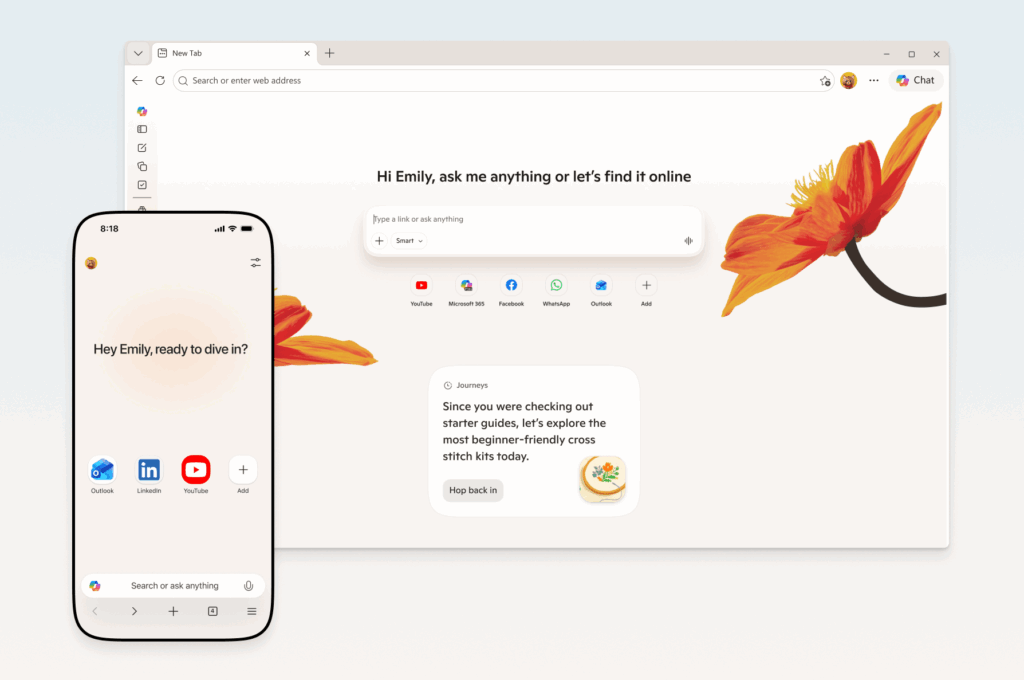 Microsoft expande o Copilot no Edge com IA para web e celular 1 Copilot no Edge: Interface do Microsoft Edge mostrando o Copilot com ferramentas de voz, visão e escrita integradas