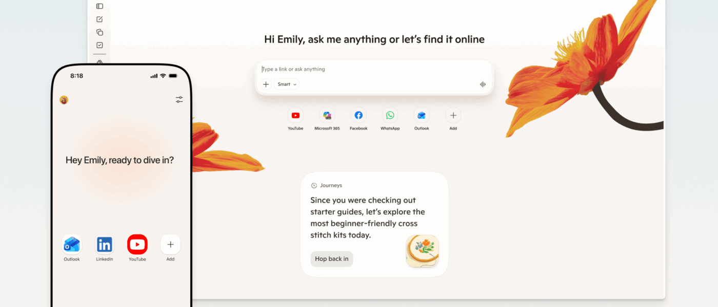 Copilot no Edge: Interface do Microsoft Edge mostrando o Copilot com ferramentas de voz, visão e escrita integradas