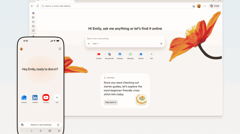 Copilot no Edge: Interface do Microsoft Edge mostrando o Copilot com ferramentas de voz, visão e escrita integradas