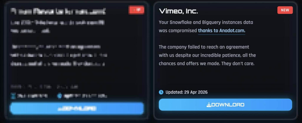 Publicação do vazamento de dados do Vimeo no site do ShinyHunters