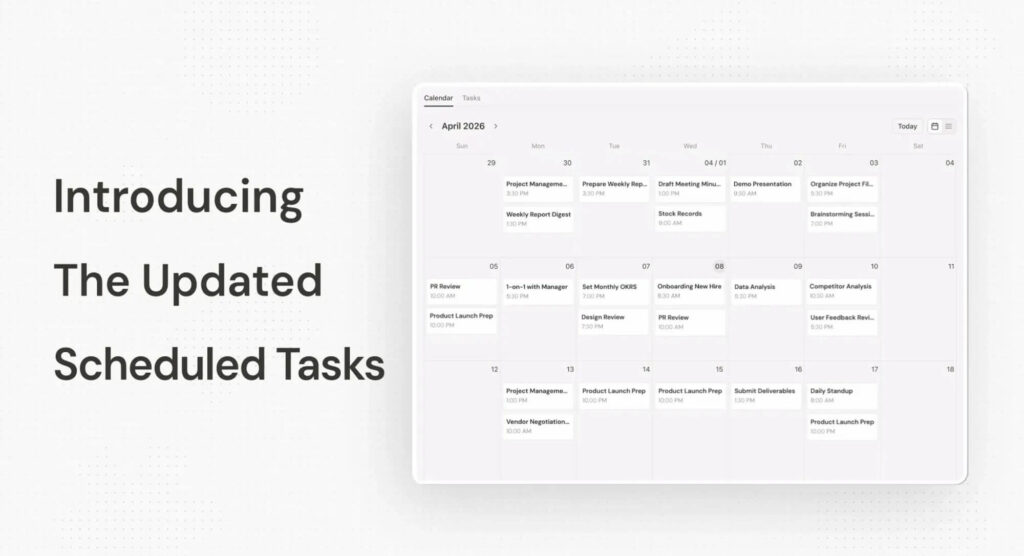 Manus AI lança Scheduled Tasks 2.0 com automação avançada 1 Interface da Manus AI mostrando o painel do Scheduled Tasks 2.0 com calendário de automações
