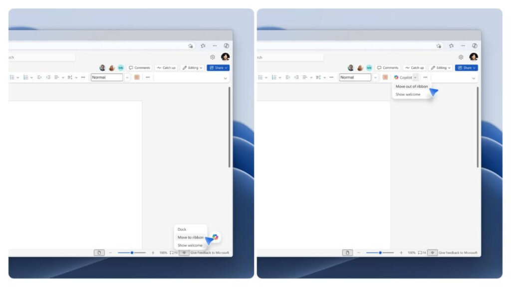 Ícone do Copilot bloqueando área de trabalho no Word, mostrando menu Mover para faixa