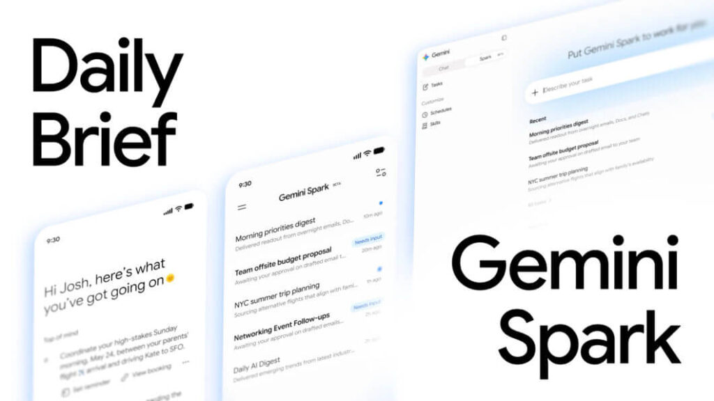 Colagem de capturas de tela mostrando o Daily Brief e o Gemini Spark em ação no app Gemini