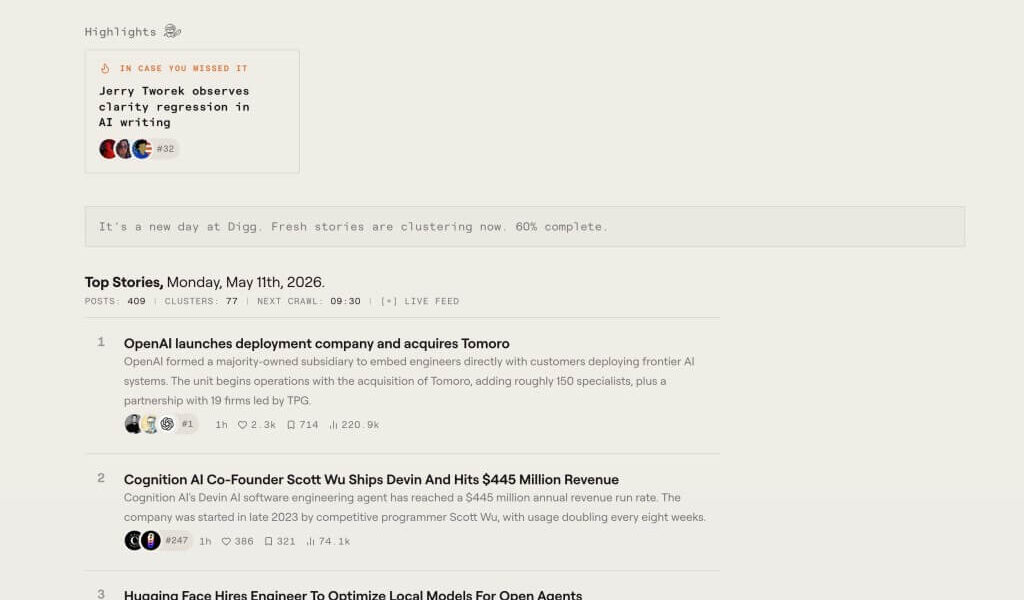 Interface do novo Digg focado em IA – Image Credits: Digg
