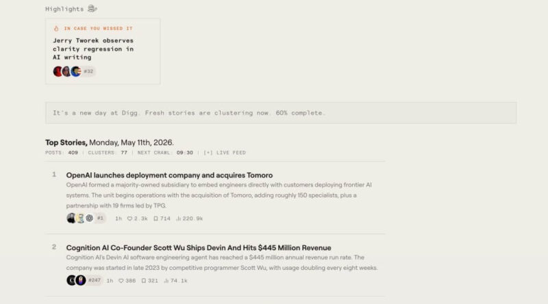 Interface do novo Digg focado em IA – Image Credits: Digg