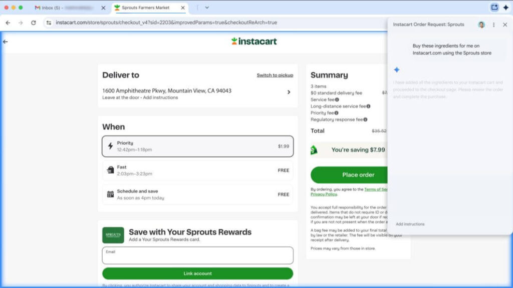 Interface experimental do Chrome com o Gemini e agentes automáticos