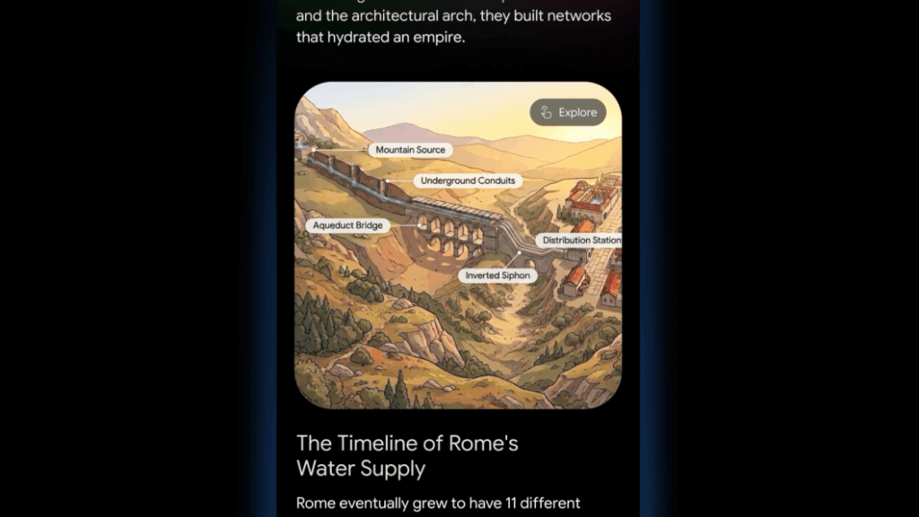 Captura de tela com resposta visual do app Gemini, exibindo ilustração educativa de um aqueduto romano