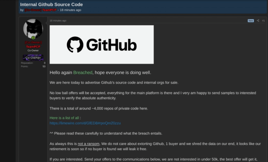 GitHub confirma invasão e roubo de 3.800 repositórios 3 TeamPCP anuncia venda de repositórios do GitHub (imagem: reprodução/Bleeping Computer)