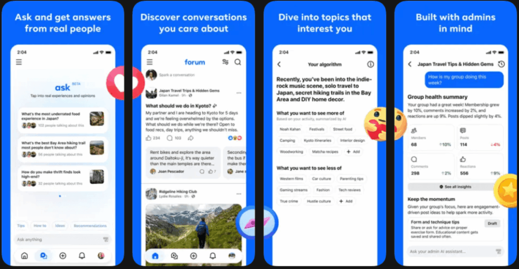 Meta lança Forum, app estilo Reddit para grupos do Facebook 3 capturas de tela do aplicativo Forum com interface semelhante ao Reddit