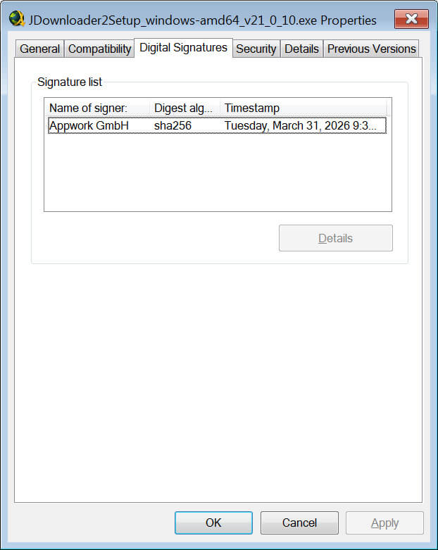 Instalador JDownloader legítimo assinado