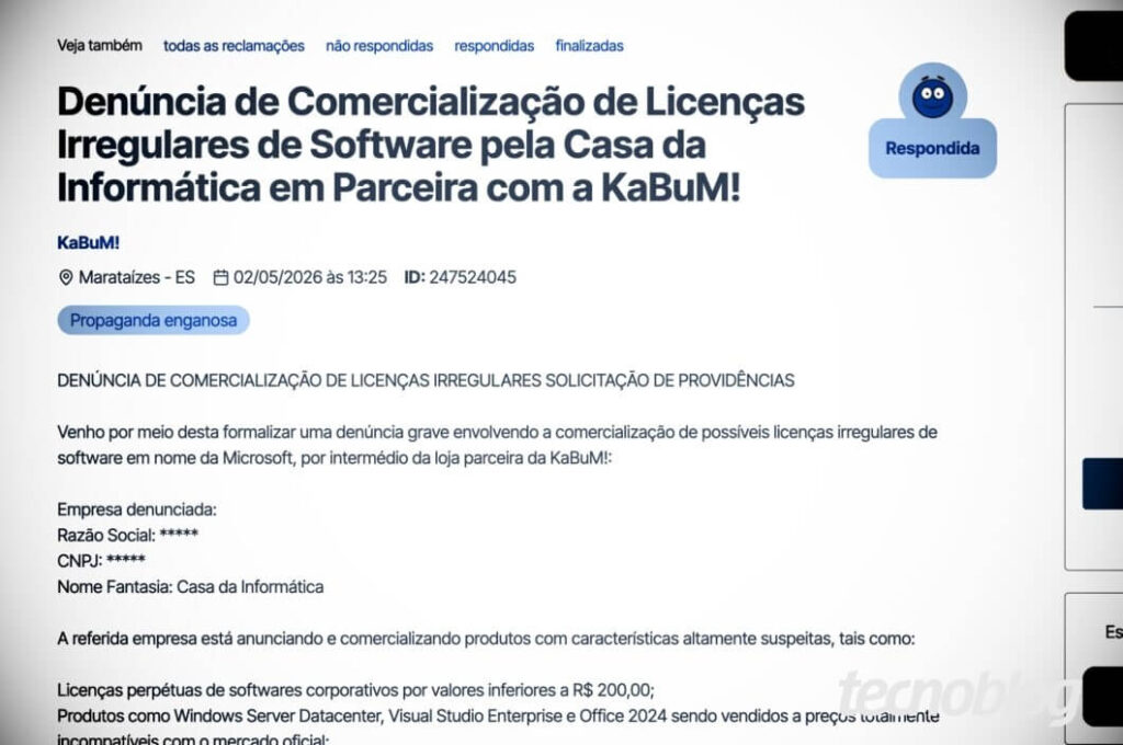 Denúncia de software pirata no Kabum