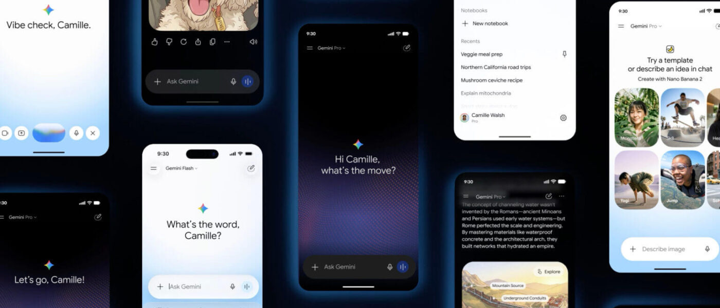 Interface do app Gemini com o novo design Neural Expressive, mostrando tela de chatbot e visual colorido