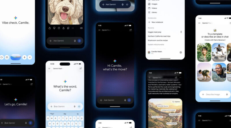 Interface do app Gemini com o novo design Neural Expressive, mostrando tela de chatbot e visual colorido